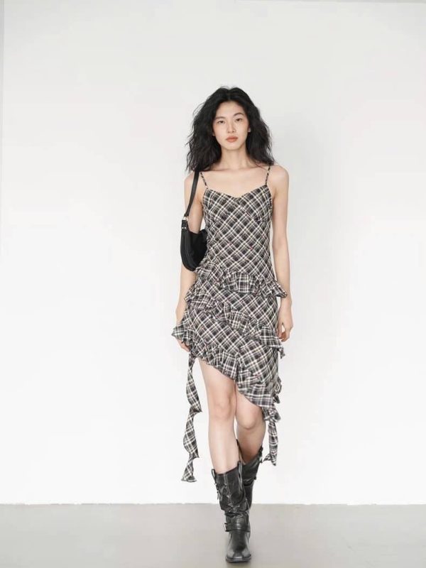 Cherry Dress - Đầm hai dây kẻ caro phối bèo dáng dài