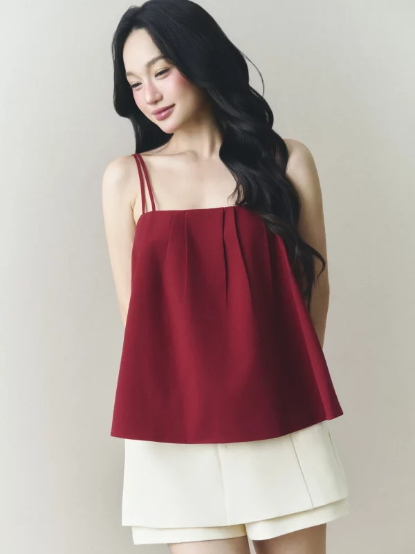 Áo hai dây Soleil Cami Top đỏ đô chi tiết xếp ly