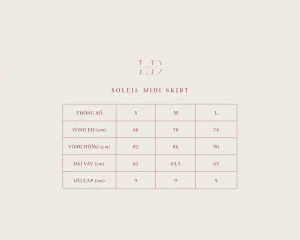 Bảng thông số size S M L Soleil Midi Skirt LINHDINH Studio