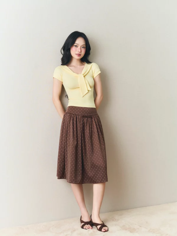Soleil Midi Skirt Nâu Chocolate phối Ribbon Top vàng bơ